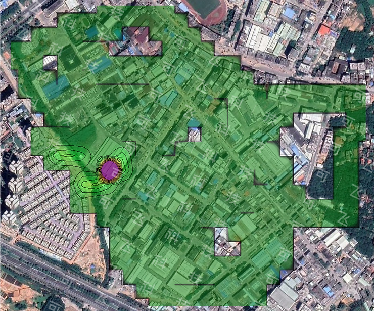 O mapa de isolinhas de concentração de COV no parque industrial foi gerado pelo Sniffer4D, e a parte roxa é a zona de concentração anormal.